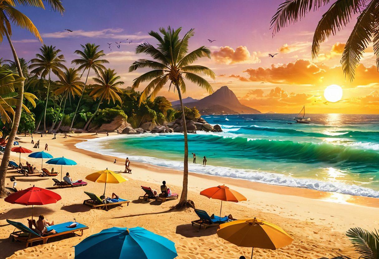 A vibrant Brazilian beach at sunset with golden sand, colorful umbrellas, and people enjoying the sun, seamlessly blending into the pages of open adult graphic novels spilling out, showcasing tropical illustrations and sensual art. The scene is lively with palm trees, beachgoers, and dynamic waves crashing, evoking warmth and creativity. super-realistic. vibrant colors. 3D.
